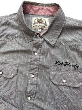 Ed Hardy Plaid Pirate Ship Embroidered Snap Down Button Up Shirt Men XL Y2K